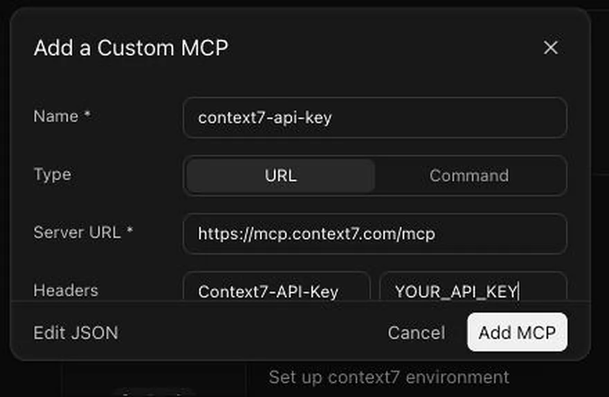 Context7 URL and API key header in Cursor's custom MCP form